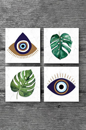 Nazar, Yaprak Taş Bardak Altlığı Masaüstü Koruyucu Altlık 4 Parça Set 10x10cm Stone Coasters