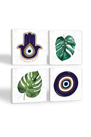 Fatma Ana Eli (Hamsa), Nazar, Yaprak Taş Bardak Altlığı Masaüstü Koruyucu Altlık 4 Parça Set 10x10cm Stone Coasters