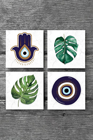 Fatma Ana Eli (Hamsa), Nazar, Yaprak Taş Bardak Altlığı Masaüstü Koruyucu Altlık 4 Parça Set 10x10cm Stone Coasters