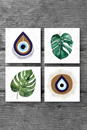 Nazar, Yaprak Taş Bardak Altlığı Masaüstü Koruyucu Altlık 4 Parça Set 10x10cm Stone Coasters