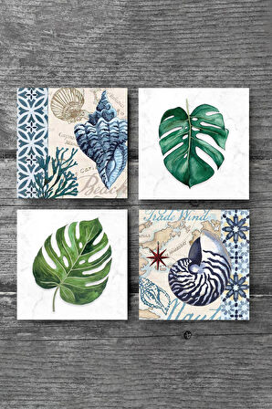 Deniz Kabuğu, Yaprak Taş Bardak Altlığı Masaüstü Koruyucu Altlık 4 Parça Set 10x10cm Stone Coasters
