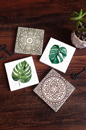 Etnik Desen, Yaprak Taş Bardak Altlığı Masaüstü Koruyucu Altlık 4 Parça Set 10x10cm Stone Coasters