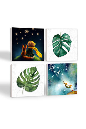 Küçük Prens, Yaprak Taş Bardak Altlığı Masaüstü Koruyucu Altlık 4 Parça Set 10x10cm Stone Coasters