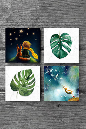 Küçük Prens, Yaprak Taş Bardak Altlığı Masaüstü Koruyucu Altlık 4 Parça Set 10x10cm Stone Coasters