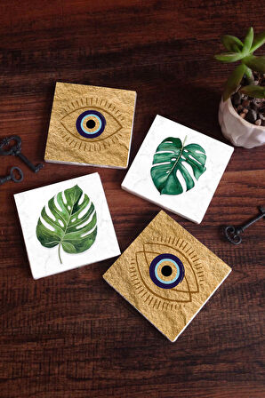 Nazar, Yaprak Taş Bardak Altlığı Masaüstü Koruyucu Altlık 4 Parça Set 10x10cm Stone Coasters