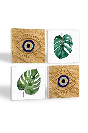 Nazar, Yaprak Taş Bardak Altlığı Masaüstü Koruyucu Altlık 4 Parça Set 10x10cm Stone Coasters