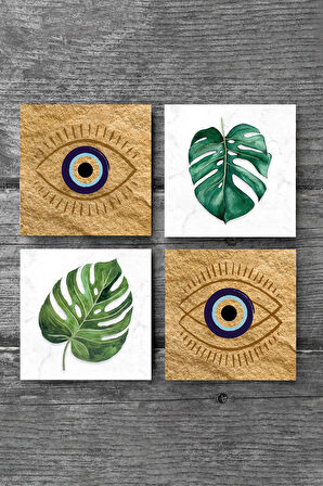 Nazar, Yaprak Taş Bardak Altlığı Masaüstü Koruyucu Altlık 4 Parça Set 10x10cm Stone Coasters