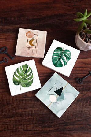 Minimalist Soyut, Yaprak Taş Bardak Altlığı Masaüstü Koruyucu Altlık 4 Parça Set 10x10cm Stone Coasters