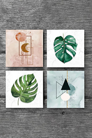 Minimalist Soyut, Yaprak Taş Bardak Altlığı Masaüstü Koruyucu Altlık 4 Parça Set 10x10cm Stone Coasters