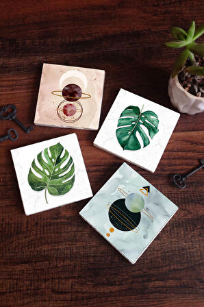 Minimalist Soyut, Yaprak Taş Bardak Altlığı Masaüstü Koruyucu Altlık 4 Parça Set 10x10cm Stone Coasters