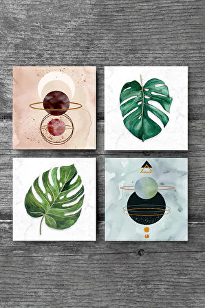 Minimalist Soyut, Yaprak Taş Bardak Altlığı Masaüstü Koruyucu Altlık 4 Parça Set 10x10cm Stone Coasters