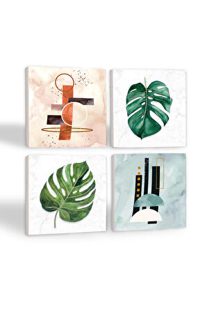 Minimalist Soyut, Yaprak Taş Bardak Altlığı Masaüstü Koruyucu Altlık 4 Parça Set 10x10cm Stone Coasters