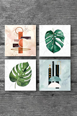 Minimalist Soyut, Yaprak Taş Bardak Altlığı Masaüstü Koruyucu Altlık 4 Parça Set 10x10cm Stone Coasters