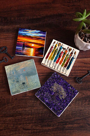 Claude Monet İzlenim Gün Doğumu, Hayat Ağacı, Yerli Kadınlar, Deniz Manzarası Taş Bardak Altlığı Masaüstü Koruyucu Altlık 4 Parça Set 10x10cm Stone Coasters
