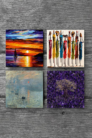 Claude Monet İzlenim Gün Doğumu, Hayat Ağacı, Yerli Kadınlar, Deniz Manzarası Taş Bardak Altlığı Masaüstü Koruyucu Altlık 4 Parça Set 10x10cm Stone Coasters