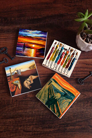 Salvador Dalí Belleğin Azmi, Çığlık, Yerli Kadınlar, Deniz Manzarası Taş Bardak Altlığı Masaüstü Koruyucu Altlık 4 Parça Set 10x10cm Stone Coasters