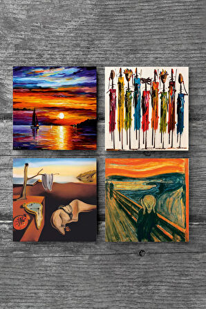 Salvador Dalí Belleğin Azmi, Çığlık, Yerli Kadınlar, Deniz Manzarası Taş Bardak Altlığı Masaüstü Koruyucu Altlık 4 Parça Set 10x10cm Stone Coasters