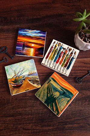 Van Gogh Balıkçı Tekneleri, Çığlık, Yerli Kadınlar, Deniz Manzarası Taş Bardak Altlığı Masaüstü Koruyucu Altlık 4 Parça Set 10x10cm Stone Coasters