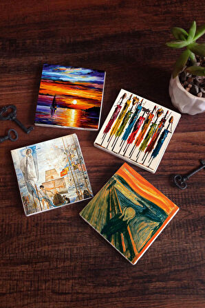 Dalí Amerika’nın Keşfi, Çığlık, Yerli Kadınlar, Deniz Manzarası Taş Bardak Altlığı Masaüstü Koruyucu Altlık 4 Parça Set 10x10cm Stone Coasters