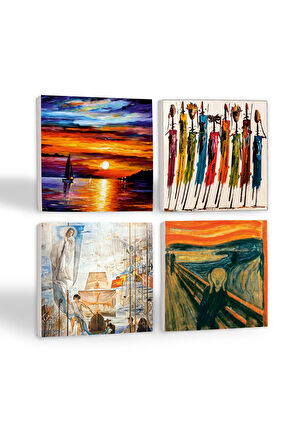 Dalí Amerika’nın Keşfi, Çığlık, Yerli Kadınlar, Deniz Manzarası Taş Bardak Altlığı Masaüstü Koruyucu Altlık 4 Parça Set 10x10cm Stone Coasters