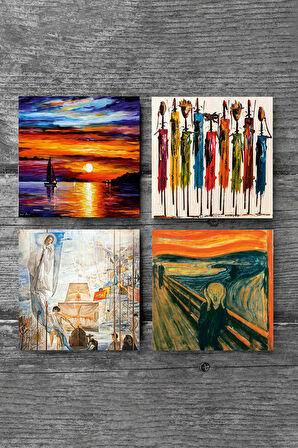 Dalí Amerika’nın Keşfi, Çığlık, Yerli Kadınlar, Deniz Manzarası Taş Bardak Altlığı Masaüstü Koruyucu Altlık 4 Parça Set 10x10cm Stone Coasters