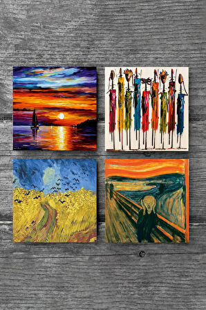 Van Gogh Buğday Tarlası ve Kargalar, Çığlık, Yerli Kadınlar, Deniz Manzarası Taş Bardak Altlığı Masaüstü Koruyucu Altlık 4 Parça Set 10x10cm Stone Coasters
