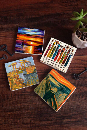 Van Gogh Arles'te Langlois Köprüsü, Çığlık, Yerli Kadınlar, Deniz Manzarası Taş Bardak Altlığı Masaüstü Koruyucu Altlık 4 Parça Set 10x10cm Stone Coasters