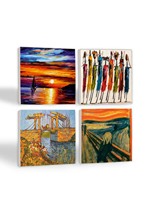 Van Gogh Arles'te Langlois Köprüsü, Çığlık, Yerli Kadınlar, Deniz Manzarası Taş Bardak Altlığı Masaüstü Koruyucu Altlık 4 Parça Set 10x10cm Stone Coasters