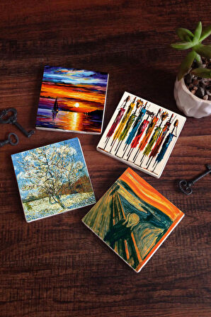 Van Gogh Çiçeklenen Pembe Şeftali Ağacı, Çığlık, Yerli Kadınlar, Deniz Manzarası Taş Bardak Altlığı Masaüstü Koruyucu Altlık 4 Parça Set 10x10cm Stone Coasters