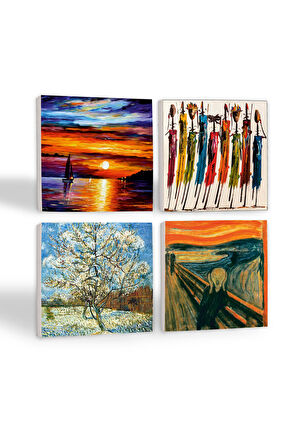 Van Gogh Çiçeklenen Pembe Şeftali Ağacı, Çığlık, Yerli Kadınlar, Deniz Manzarası Taş Bardak Altlığı Masaüstü Koruyucu Altlık 4 Parça Set 10x10cm Stone Coasters