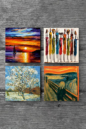 Van Gogh Çiçeklenen Pembe Şeftali Ağacı, Çığlık, Yerli Kadınlar, Deniz Manzarası Taş Bardak Altlığı Masaüstü Koruyucu Altlık 4 Parça Set 10x10cm Stone Coasters