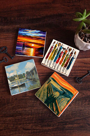 Claude Monet Argenteuil'de Köprü, Çığlık, Yerli Kadınlar, Deniz Manzarası Taş Bardak Altlığı Masaüstü Koruyucu Altlık 4 Parça Set 10x10cm Stone Coasters