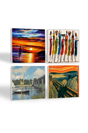Claude Monet Argenteuil'de Köprü, Çığlık, Yerli Kadınlar, Deniz Manzarası Taş Bardak Altlığı Masaüstü Koruyucu Altlık 4 Parça Set 10x10cm Stone Coasters