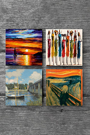 Claude Monet Argenteuil'de Köprü, Çığlık, Yerli Kadınlar, Deniz Manzarası Taş Bardak Altlığı Masaüstü Koruyucu Altlık 4 Parça Set 10x10cm Stone Coasters