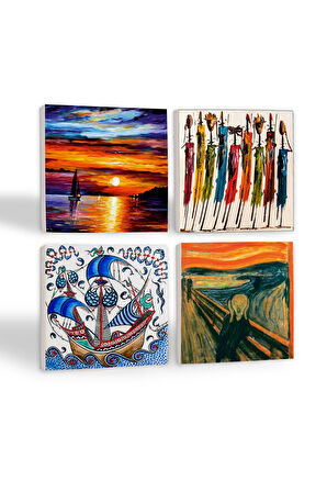 Çini Sanatı Yelkenli Gemi, Çığlık, Yerli Kadınlar, Deniz Manzarası Taş Bardak Altlığı Masaüstü Koruyucu Altlık 4 Parça Set 10x10cm Stone Coasters