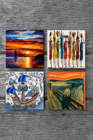 Çini Sanatı Yelkenli Gemi, Çığlık, Yerli Kadınlar, Deniz Manzarası Taş Bardak Altlığı Masaüstü Koruyucu Altlık 4 Parça Set 10x10cm Stone Coasters