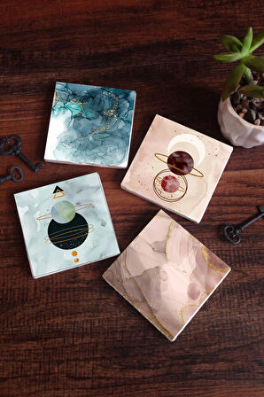 Minimalist, Soyut Sanat Taş Bardak Altlığı Masaüstü Koruyucu Altlık 4 Parça Set 10x10cm Stone Coasters