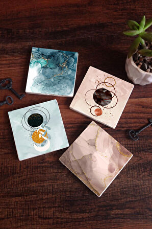 Minimalist, Soyut Sanat Taş Bardak Altlığı Masaüstü Koruyucu Altlık 4 Parça Set 10x10cm Stone Coasters