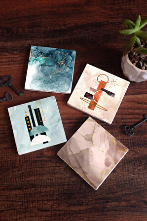Minimalist, Soyut Sanat Taş Bardak Altlığı Masaüstü Koruyucu Altlık 4 Parça Set 10x10cm Stone Coasters