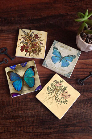 Vintage Çiçek, Kelebek Taş Bardak Altlığı Masaüstü Koruyucu Altlık 4 Parça Set 10x10cm Stone Coasters