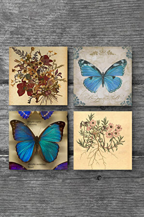 Vintage Çiçek, Kelebek Taş Bardak Altlığı Masaüstü Koruyucu Altlık 4 Parça Set 10x10cm Stone Coasters