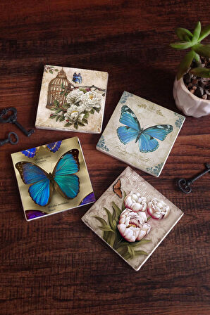 Kelebek Taş Bardak Altlığı Masaüstü Koruyucu Altlık 4 Parça Set 10x10cm Stone Coasters