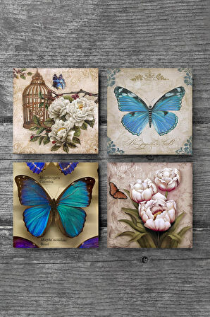 Kelebek Taş Bardak Altlığı Masaüstü Koruyucu Altlık 4 Parça Set 10x10cm Stone Coasters