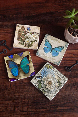 Kelebek Taş Bardak Altlığı Masaüstü Koruyucu Altlık 4 Parça Set 10x10cm Stone Coasters