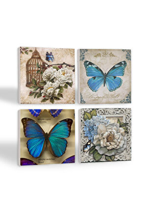 Kelebek Taş Bardak Altlığı Masaüstü Koruyucu Altlık 4 Parça Set 10x10cm Stone Coasters