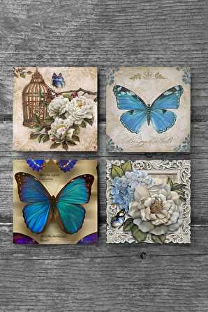 Kelebek Taş Bardak Altlığı Masaüstü Koruyucu Altlık 4 Parça Set 10x10cm Stone Coasters