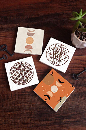 Bohem, Minimalist Soyut, Yaşam Çiçeği, Sri Yantra Taş Bardak Altlığı Masaüstü Koruyucu Altlık 4 Parça Set 10x10cm Stone Coasters