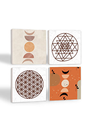 Bohem, Minimalist Soyut, Yaşam Çiçeği, Sri Yantra Taş Bardak Altlığı Masaüstü Koruyucu Altlık 4 Parça Set 10x10cm Stone Coasters