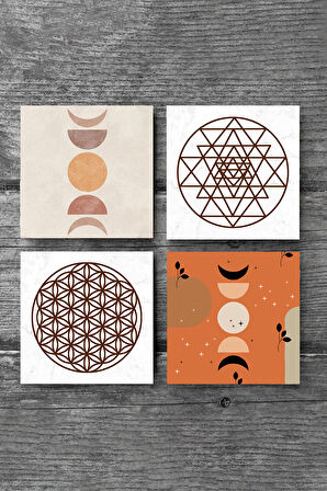 Bohem, Minimalist Soyut, Yaşam Çiçeği, Sri Yantra Taş Bardak Altlığı Masaüstü Koruyucu Altlık 4 Parça Set 10x10cm Stone Coasters