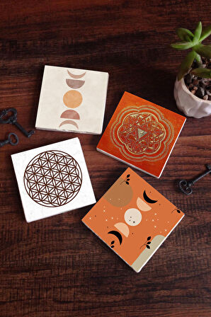 Bohem, Minimalist Soyut, Yaşam Çiçeği, Sri Yantra Taş Bardak Altlığı Masaüstü Koruyucu Altlık 4 Parça Set 10x10cm Stone Coasters